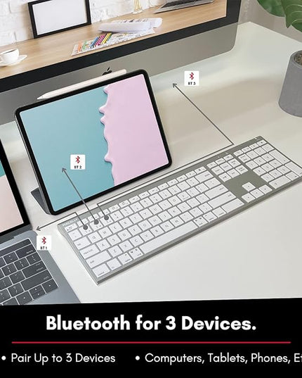 Macally Wireless Bluetooth Keyboard for Mac - Compatible Apple Keyboard or MacBook Pro/Air, iMac - Multi-Device, Up to 3 Devices with 110 Keys, 20 Shortcuts, Numeric Keypad, and Rechargeable - Silver
