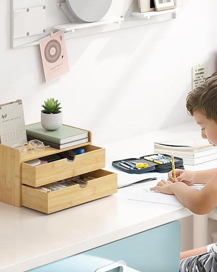 Bamboo Desk Organizer with Drawers Desktop Storage Drawers for Bills Office Supplies Kitchen Utensils Organizing Tool for Home Classroom Organization No Assembly (Nature 2 Drawer)