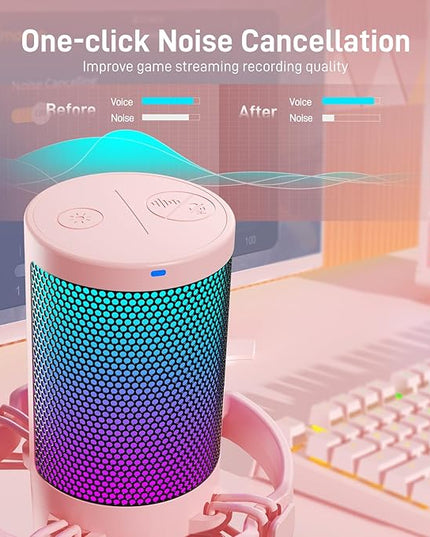 MAONO Gaming Microphone with Noise Cancellation, USB Condenser Mic for Streaming, Podcast, Twitch, YouTube, Discord, PC Desktop Computer Mic for PS5, GamerWave DGM20 Pink