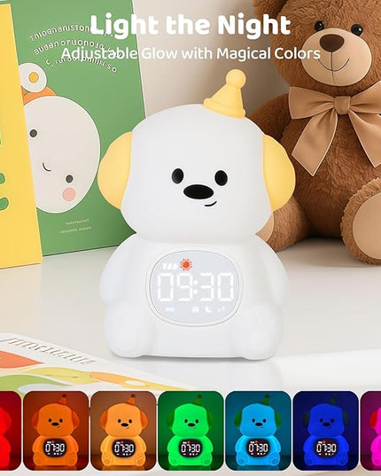 Dog Alarm Clock with Night Light for Kids with Sleep Training and Sound Machine, Rechargeable Silicone Lamp OK to Wake Clock，Cute Animal Tabletop Lamp, Perfect Sleep Companion for Boys Girls