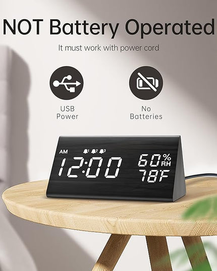 Digital Alarm Clock, with Wooden Electronic LED Time Display, 3 Alarm Settings, Humidity & Temperature Detect, Wood Made Electric Clocks for Bedroom, Bedside (Black)
