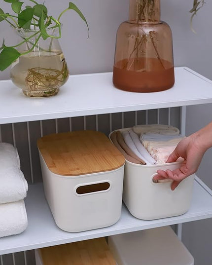 Citylife 2 PCS Storage Bins with Bamboo Lids Plastic Storage Containers for Organizing Stackable Storage Box with Handle, 10.23 x 7.08 x 6.3 inch