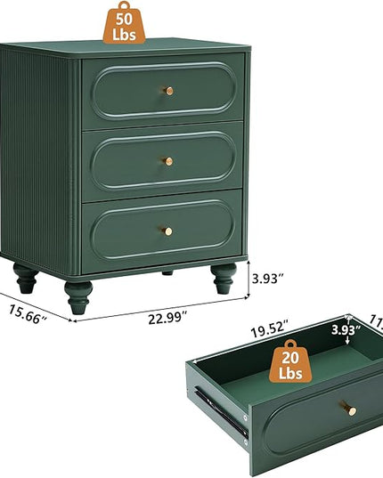 3 Drawer Fluted Dresser for Bedroom Set of 2, Mid Century Modern Chest of Drawers, Wood Storage Small Dresser Organizer for Bedroom Living Room Hallway Closet, Green