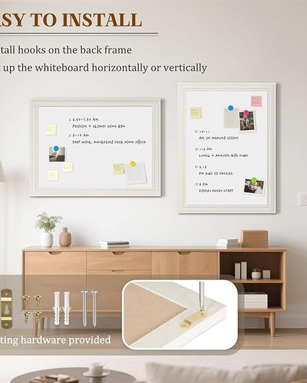 White Board for Wall, 24'' x 18'' Magnetic Dry Erase Board, Decorative Whiteboard with White Vintage Wooden Frame, Hanging Writing Board for Home Office School Dorm