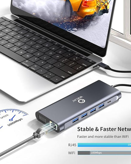 Laptop Docking Station, 12-in-1 USB C Hub – Dual Monitor with 1x 4K@60Hz HDMI, VGA, 100W PD, Ethernet, 3× USB 3.0, USB-C Data Port, SD/TF Card Reader, Audio – Compatible with MacBook, Dell, HP, Lenovo