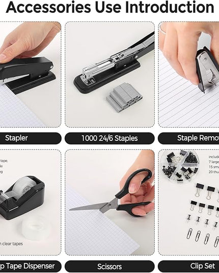 SKYDUE Black Office Supplies Set, Black Desk Accessories, Stapler, Tape Dispenser, Scissors, Binder/Paper Clips and 1000pcs Staples, Desk Supplies Set
