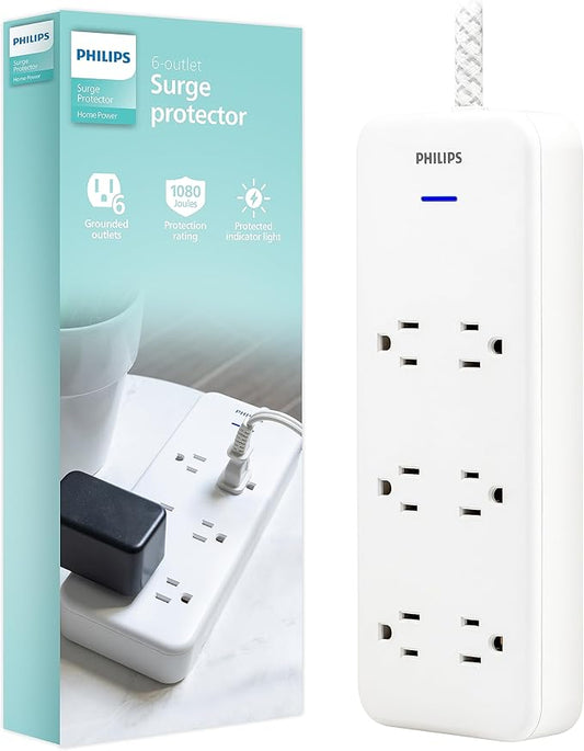 Philips 6-Outlet Surge Protector with Multiple Outlets, 8 Ft, Braided Cord,1080 Joules, Adapter-Spaced, White, SPC6066WB/37