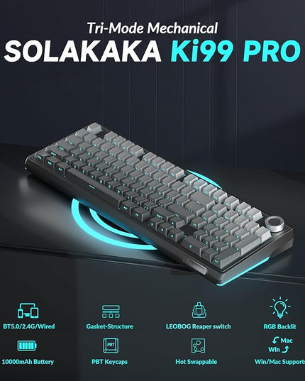 SOLAKAKA KI99 Pro 96% Wireless Mechanical Keyboard, RGB Gaming Keyboard, Hot-Swappable Pre-Lubed Switches, Gasket Structure Creamy Keyboards (Gradient-Black, Non-Silent Version)
