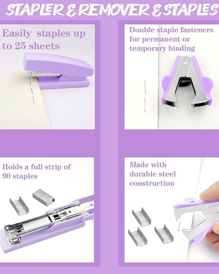 Purple Desk Accessories, 17Pcs Purple Office Supplies Set with Stapler, Mesh Desk Organizer, Tape Dispenser, Staple Remover, Pen Holder, Clips, Pens, Ruler, for Office Home School Women Students Gift