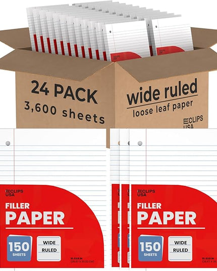Wide Ruled Loose Leaf Paper Wide Ruled Notebook Paper Lined Writing Filler Paper 10.5” x 8” 56 gsm 3600 Sheets 150 Sheet Per Pack (24 Pack)