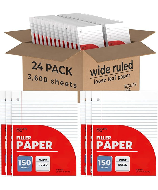 Wide Ruled Loose Leaf Paper Wide Ruled Notebook Paper Lined Writing Filler Paper 10.5” x 8” 56 gsm 3600 Sheets 150 Sheet Per Pack (24 Pack)