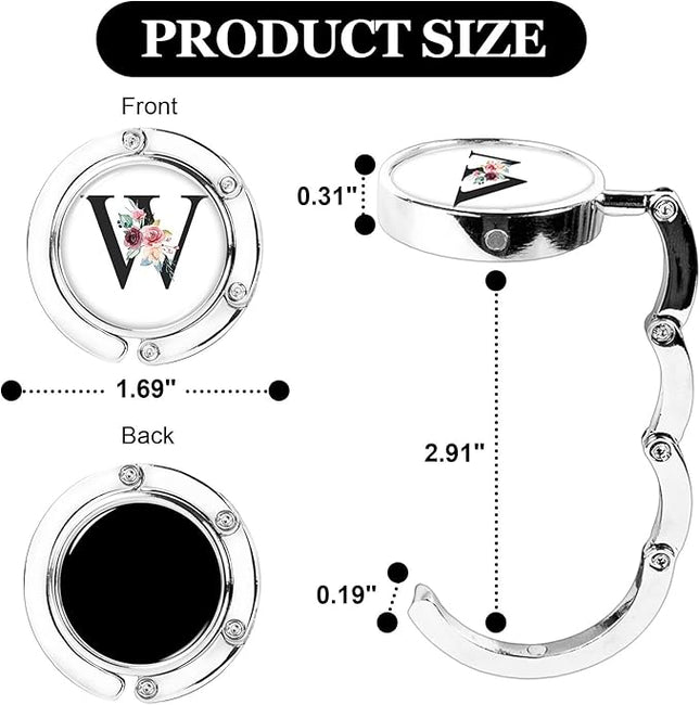 XSUIOY 3Pcs Personalized Initial Foldable Purse Hook for Table,Crushed Flower Letters Folding Purse Hanger,Purse Holder Handbag Hanger Collection Desk Table Bag Hooks Gifts for Women Bag(Black-W)