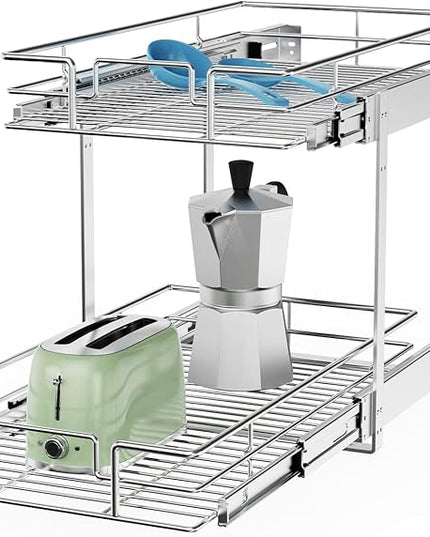 ROOMTEC Individual Pull Out Cabinet Organizer (12½" W x 21½" D), 2 Tier Spice Rack Organizer for Cabinet, Slide Out Drawer Pantry Shelf Organization and Storage for Kitchen Bathroom