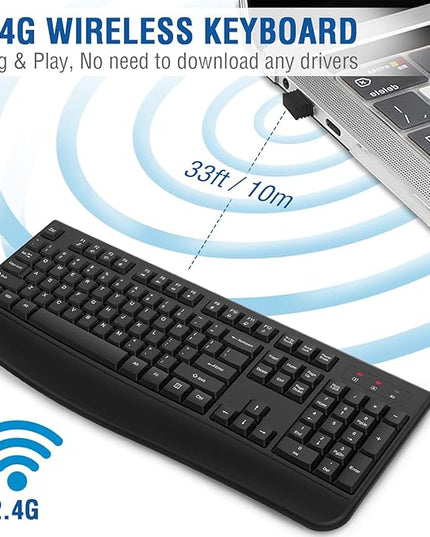 EDJO Wireless Keyboard, 2.4G Ergonomic Full Size Wireless Computer Keyboard with Wrist Rest for Windows, Mac OS Desktop/Laptop/PC（Black）