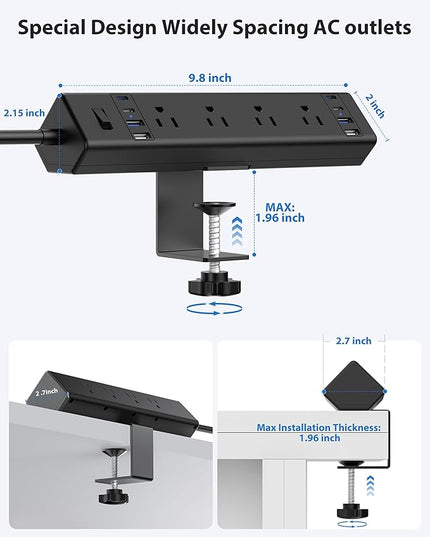 40W Fast Charging Station,Desk Clamp Power Strip 20W USB C,8 Outlets,8 USB Ports,4 USB C and 4 USB A, Office Furniture Surge Protector, 14AWG Cord, Fits 1.9" Tabletop Edge (Black, 10FT Length)
