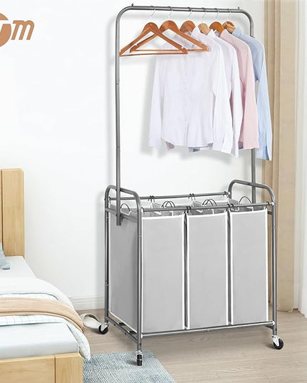 STORAGE MANIAC 136L Laundry Sorter with Hanging Bar, Portable, Removable Laundry Hamper Cart with Heavy Duty Rolling Lockable Wheels and Removable Bags, Rolling Laundry Basket Organizer, 3 Section