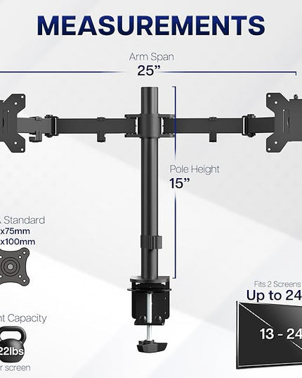 VIVO Dual Monitor Desk Mount, Heavy Duty Fully Adjustable Steel Stand, Holds 2 Computer Screens up to 24 inches and Max 22lbs Each, Black, STAND-V024