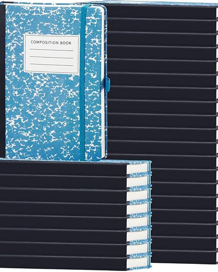 Laumoi 28 Pack PU Leather Lined Notebook Journal Bulk A5 Hardcover Notebook College Ruled 5.5 x 8.2 Inch Journal with Pen Holder for School Business Work Writing(Sky Blue,Marble)