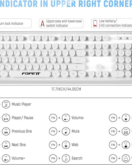 FOPETT Wireless Keyboard and Mouse Combo - 2.4G Full-Sized White Keyboard with Round Keycaps 104 Keys Typewriter Keyboard for Laptop/Windows/PC - White