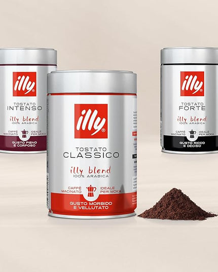 illy Ground Coffee Moka - 100% Arabica Flavored Coffee Ground - Rich Aromatic Coffee Grounds Profile – Classico Medium Roast - Notes of Caramel, Orange Blossom & Jasmine - No Preservatives – 8.8 Ounce