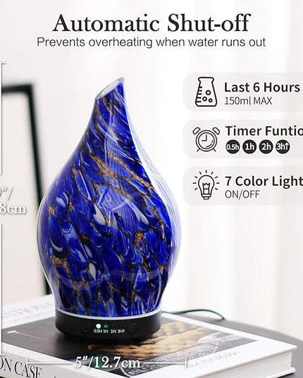 Porseme 150ml Essential Oil Diffuser Glass Color Changing Aroma Air Diffusers Aromatherapy Ultrasonic Cool Mist Humidifier 6 Running Hours Waterless Auto-Off for Sleeping Yoga Office Spa (Deep Blue)