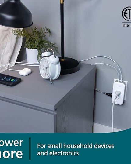 Philips All-in-One Surge Tap with USB, 2 Grounded & 4 Polarized Outlets, 1 USB-C & 1 USB-A Port (15W Shared), 490 Joules, ETL Certified, White/Gray, SPP3503GW/37