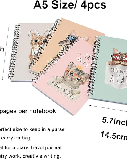 Yansanido Spiral Notebook, 4 Pcs A5 Thick Cat Design Hardcover 8mm Ruled 4 Color 80 Sheets -160 Pages Journals for Study and Notes (Cat)