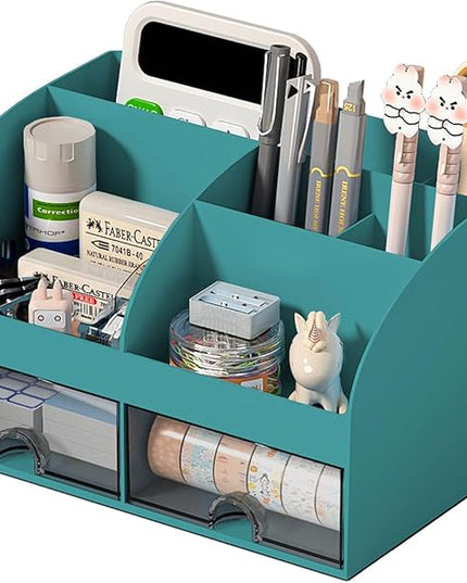 Desk Organizer with 6 Compartments and 2 Drawers, Plastic Makeup Organizer, Pen Holder for Desktop Storage, Desk Organization for School, Home, Office Supplies (Dark Green)