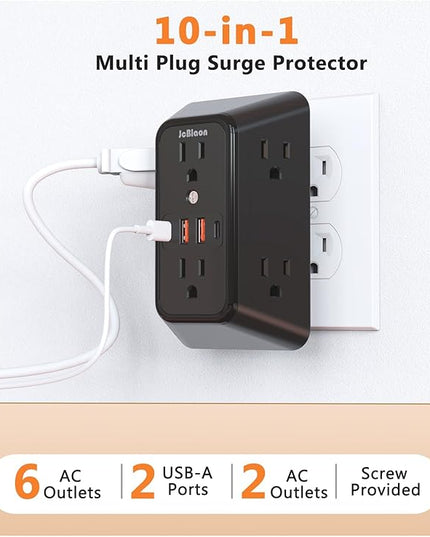 Surge Protector Outlet Extender, 6 Outlet Extender with 4 USB Charging Ports (2 USB C), 3 Sided Multi Plug Wall Adapter for Home, Office, Travel-2 Pack,Black