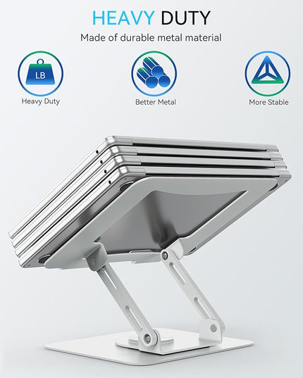 SOUNDANCE Laptop Stand with 360° Rotating Base, Ergonomic Computer Riser for Desk, Adjutable Height Muti-Angle, Foldable Laptop Mount, Stable Metal Holder Support 10-15.6" Notebook PC, White