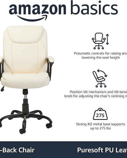 Amazon Basics Classic Puresoft PU Padded Mid-Back Height Adjustable Office Computer Desk Chair with Armrest, 26"D x 23.75"W x 42"H, Cream