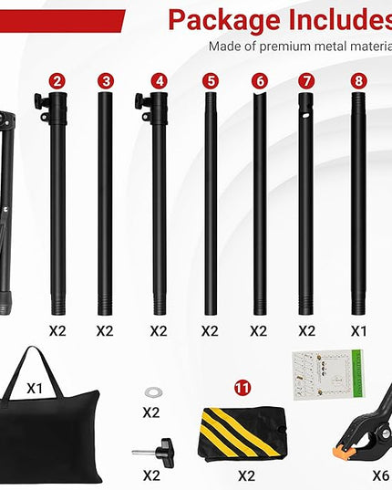 JSungo Backdrop Stand, Adjustable 10x7.5 FT Background Stand Backdrop for Parties, Photo Video Studio, Portable Photography Backdrop Stand with Carrying Bag, 6 Backdrop Clamps, and 2 Stand Bags