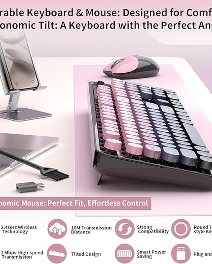 Wireless Keyboard and Mouse, MOFII 104 Round Keycaps Retro Typewriter with OTG & Brush, Full-Size Ergonomic, Ideal for Windows PC, Home, Office and College Peach Pink