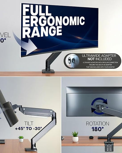 VIVO Premium Aluminum Monitor Arm for Ultrawide Screens up to 49 inches and 33 lbs, Heavy Duty Single Desk Mount, Pneumatic Height, Max VESA 100x100, Black, STAND-V101G1