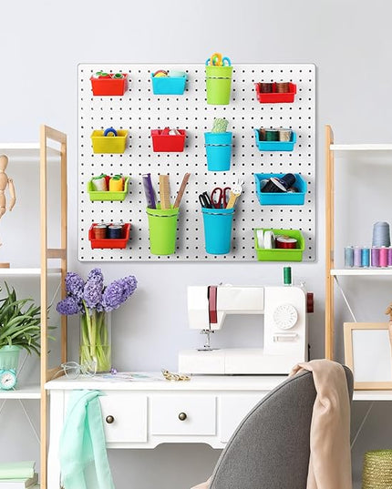 Roowest 60 Pcs Pegboard Cups Pegboard Bins Set, Wall Organizer with Hooks and Loops, Hooks Assortment Organizer Accessory for Office Storage Garage Craft Workshop(Multi Colors)