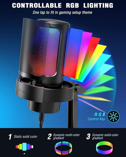 FIFINE Gaming Microphone, USB PC Mic for Streaming, Podcasts, Recording, Condenser Computer Desktop Mic on Mac, with RGB Control, Mute Touch, Headphone Jack, Pop Filter, Stand-AmpliGame A8