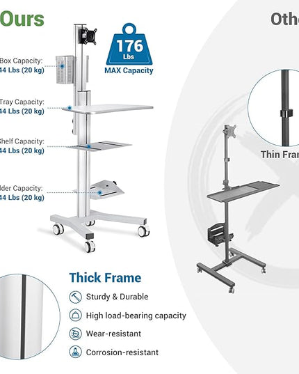 Yescom Mobile Computer Cart Rolling PC Stand Desk Workstation on Wheels with Monitor Mount Adjustable Keyboard Tray CPU Printer Holder for Hospital Clinic School Office Silver