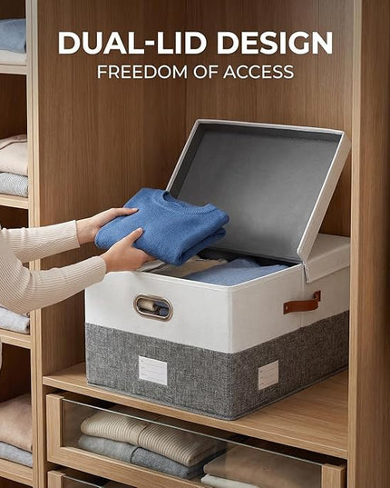 PRANDOM Storage Bins with Lids [3-Pack] Linen Fabric Foldable Storage Boxes Organizer Containers Baskets Cube with Cover Grey&White (23.4X15.9X11.4)