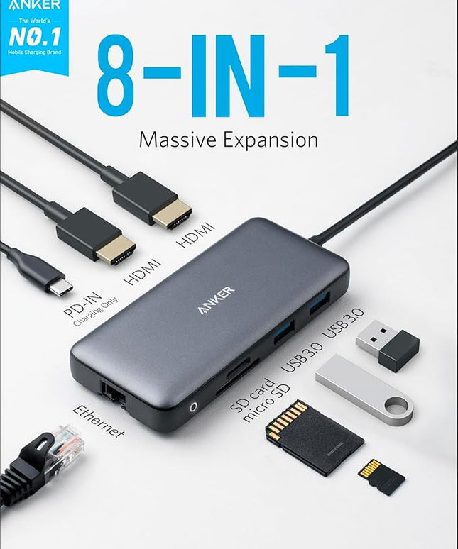 Anker Laptop Docking Station Dual Monitor, 8-in-1 USB C Hub, 4K Dual Monitor with 2 HDMI, 1 Gbps Ethernet Hub, 85W Power Delivery, SD Card Reader, for XPS and More (Charger not Included)