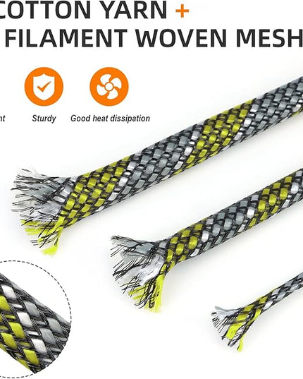Braided Expandable Cable Sleeve, 25ft PP Cotton and PET Braided Cable Management, Flexible Mesh Wire Loom and Cable Protector for TV, Computer, Home Theater, Automotive (Yellow White Grey, 5/16")