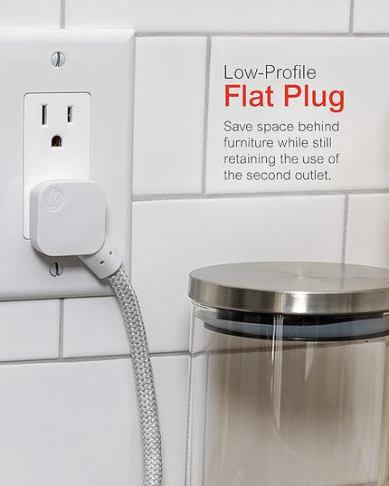 GE 3-Outlet Power Strip Surge Protector 5 Inch Braided Extension Cord with Multiple Outlets Grounded Flat Plug ETL Listed White 45190