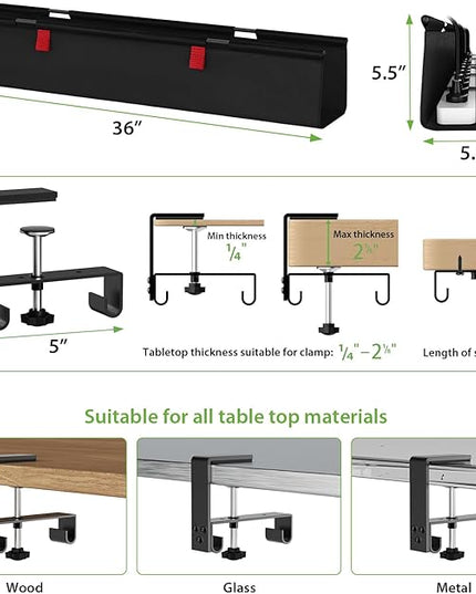 KEEGH No Drill Under Desk Cable Management Tray - 28" Cord Management Under Desk - Clamp/Screw Mount - Support Upto 70lbs - Fabric Wire Management - Gaming/PC Cable Tray Cord Hiders for Office/Home