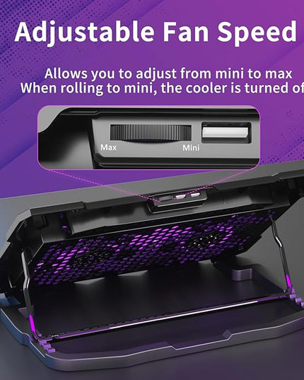 AICHESON Laptop Cooling Pad for 15.6 to 17.3 Inches PC Notebooks, 5 Fans Computer Cooler Stands with Purple Lights Desk Chiller Mat, S035