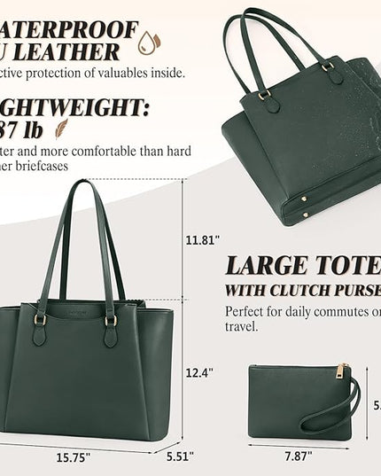 RAINSMORE Laptop Bag for Women 15.6 Inch Work Tote Bags Waterproof Computer Bags Leather Professional Laptop Purse Womens Laptop Briefcase Large Handbag for Office Teacher Travel, Green