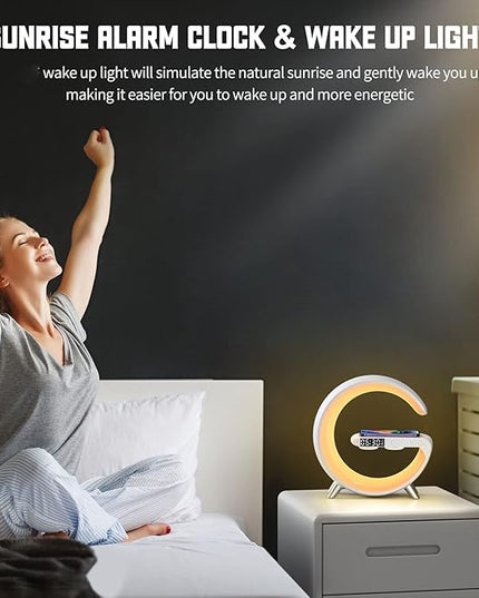 Smart Table Lamp with 4-in-1 Wireless Charger, Night Light, Bluetooth Speaker, Alarm Clock, App Control, Office, Bedroom, Home Decor (Black)