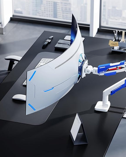 ARES WING Heavy Duty Ultrawide Monitor Arm - Gas Spring Aluminum Monitor Mount with USB for 24"-57" Curved Screens up to 66 lbs with Clamp/Grommet Desk Mount, 75/100/200 Vesa Mount, White