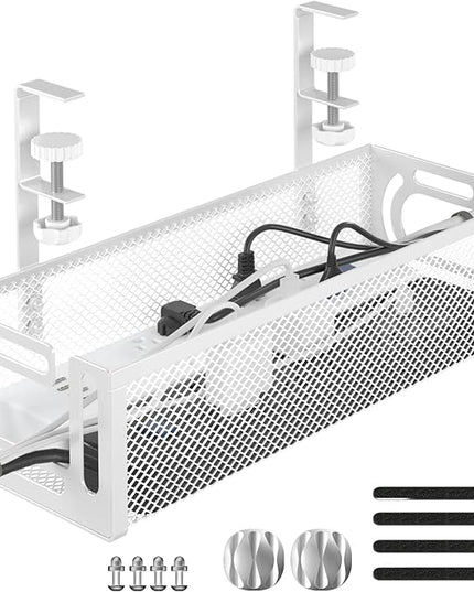 Under Desk Cable Management Tray, 15.7'' No Drill Steel Desk Cable Organizers, Wire Management Tray Cable Management Rack (1 Pack-White)