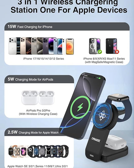 3 in 1 Charging Station for Apple MagSafe Charger, Foldable Wireless Charging Station Magnetic Wireless Charger Stand for iPhone 17 Air/16/15/14/13/12 Series/Apple Watch10-2/Airpods (Black)