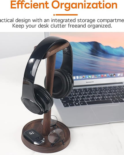 Yookin Wood Headphone Stand Headset Stand for Deak Universal Headphone Holder with Storgae Base Handcrafted Desk Organizer for Gaming Headsets(Black Walnut)