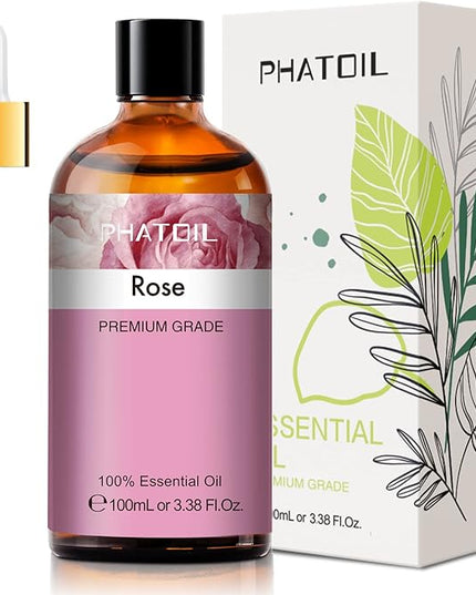 PHATOIL 3.38FL.OZ Rose Essential Oil with Glass Dropper, for Aromatherapy Diffusers, Humidifiers, Great for DIY Candle and Soap Making, Huge 100ML Bottle